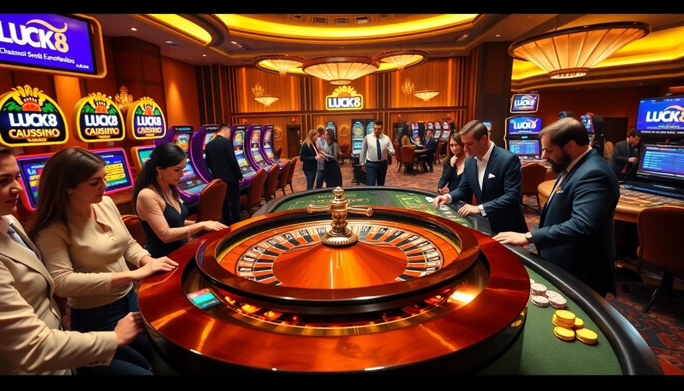 Exciting LUCK8 casino scene with roulette, slot machines, and eager players placing bets.