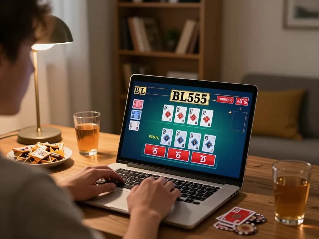 Player enjoying a live dealer blackjack game on BL555, showcasing strategic online gambling.