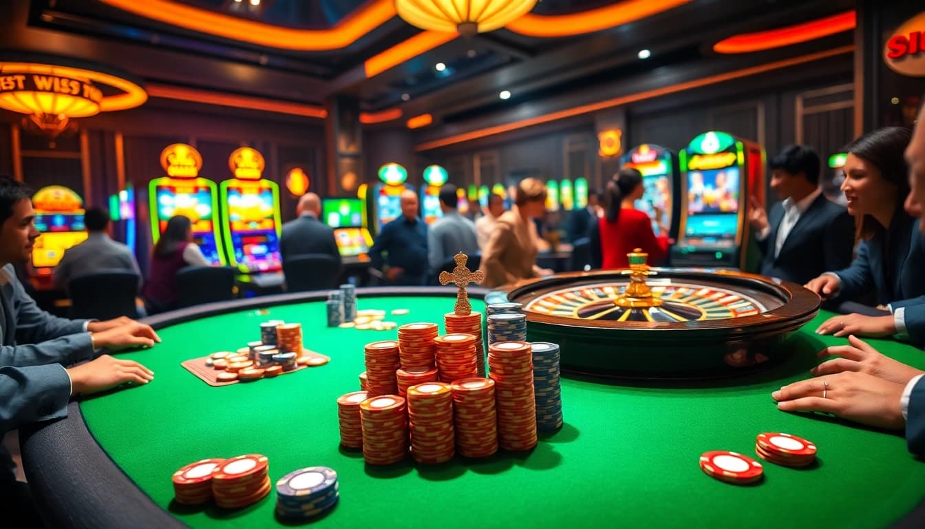 AF88 players enjoying high-stakes poker with vibrant chips and a shimmering roulette wheel.