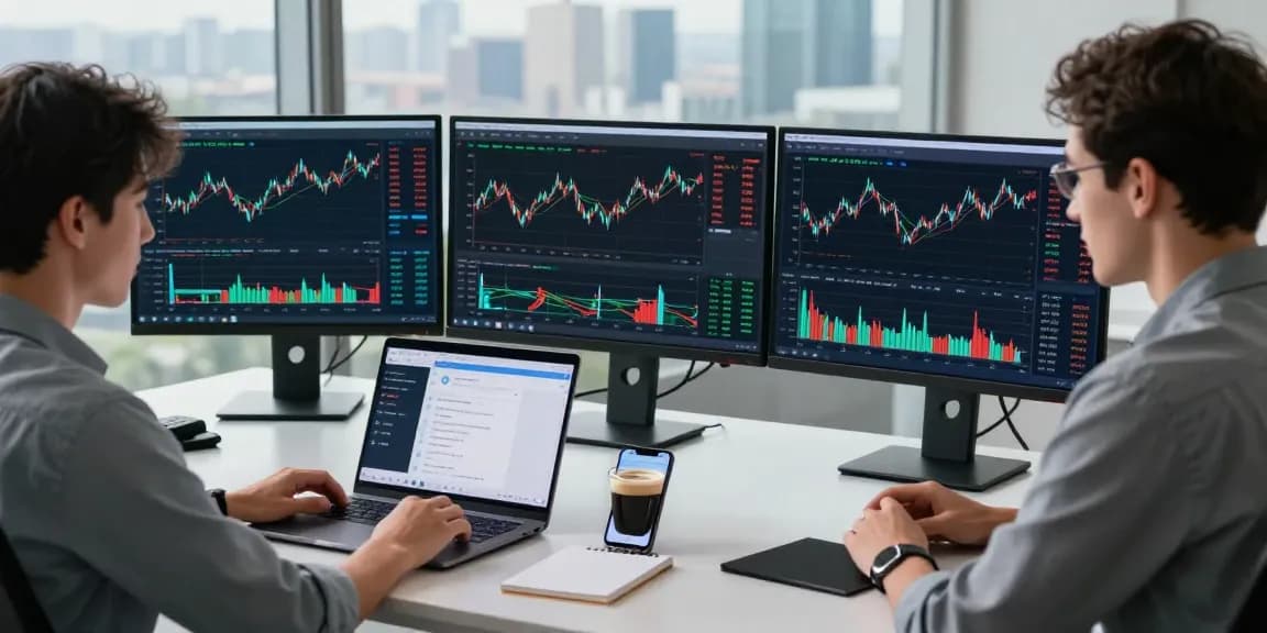 Focused trader using MetaTrader 5 with multiple screens displaying financial data and charts in a modern office environment.