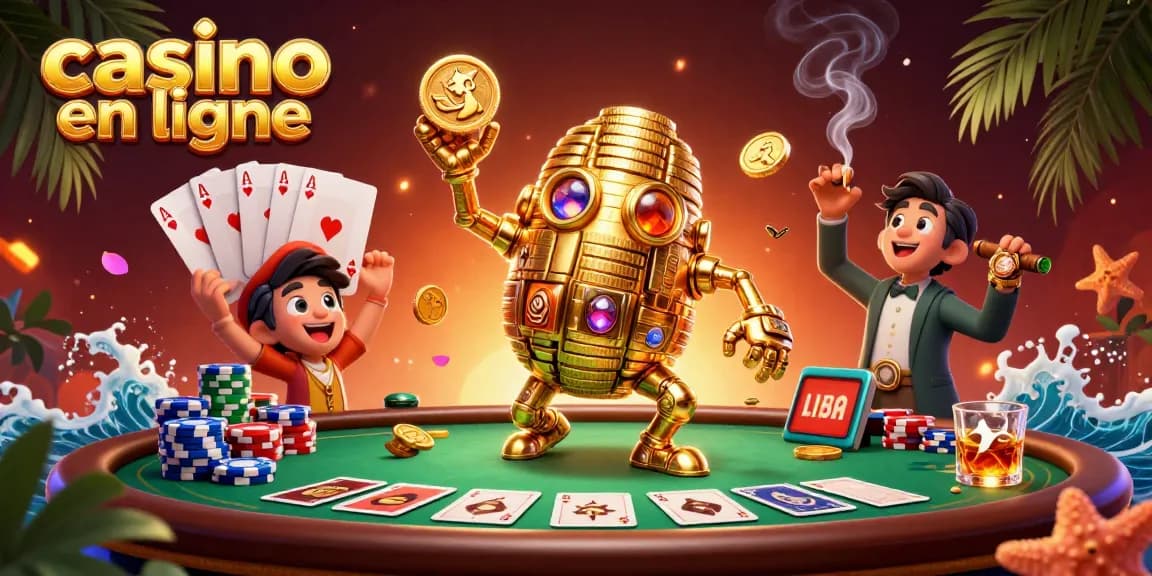 Un casino en ligne animé où un golem en pièces d'or brille au milieu d'une table de poker.