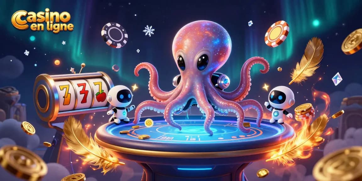 Jouer au casino en ligne avec un poulpe extraterrestre au poker et des jetons orbitants.
