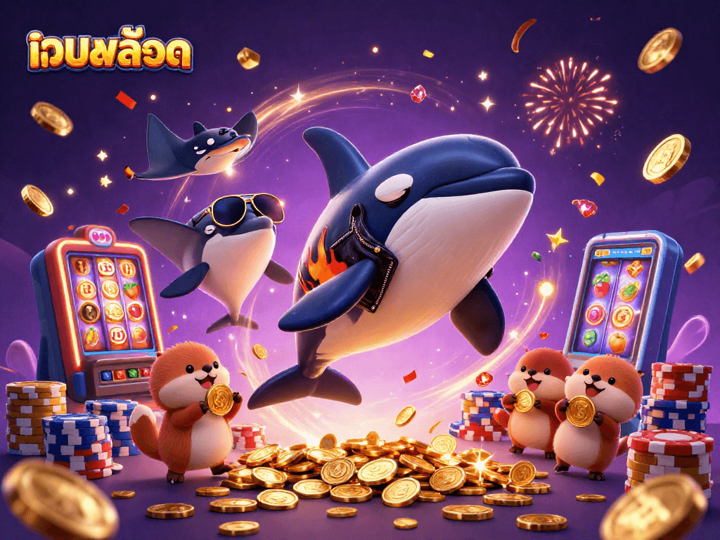 Spin the เว็บสล็อต reels with vibrant characters in a festive casino scene full of excitement.