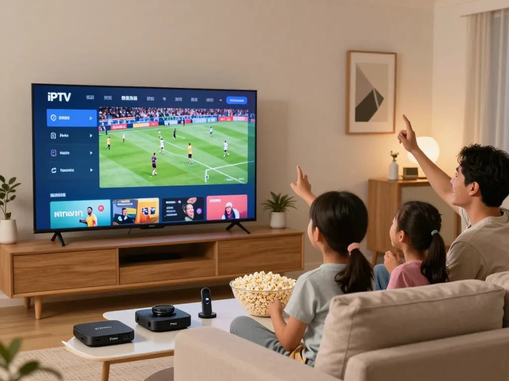 Gezin geniet van IPTV kopen streaming in een gezellige woonkamer