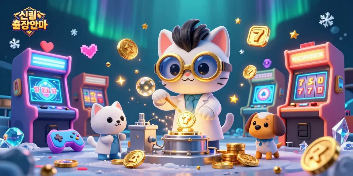 Experience the thrilling world of 신림출장안마 with 3D gaming-infused imagery of cartoon characters amidst gold and casino elements.