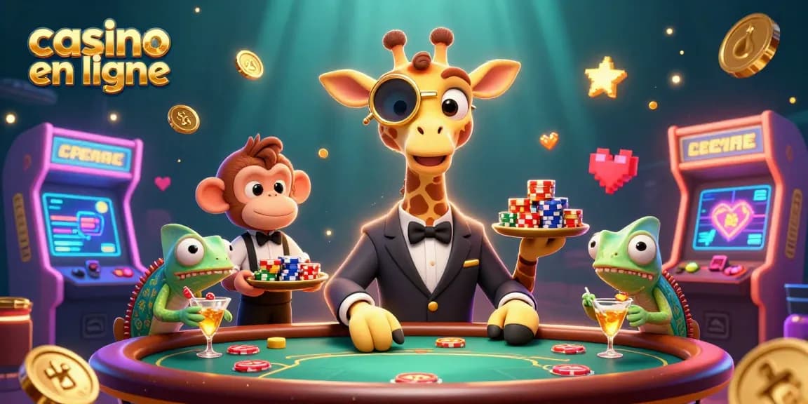 Vivez l'expérience d'un casino en ligne avec une illustration animée de girafe et de ses amis.