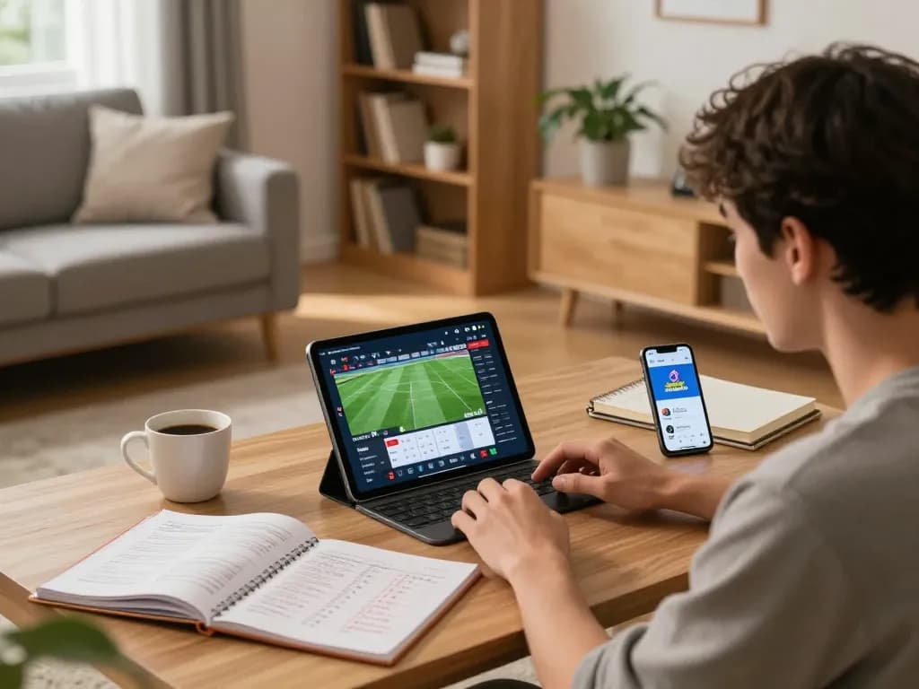Engaging in live sports betting with the okwintv trực tiếp app on a tablet in a cozy home environment.