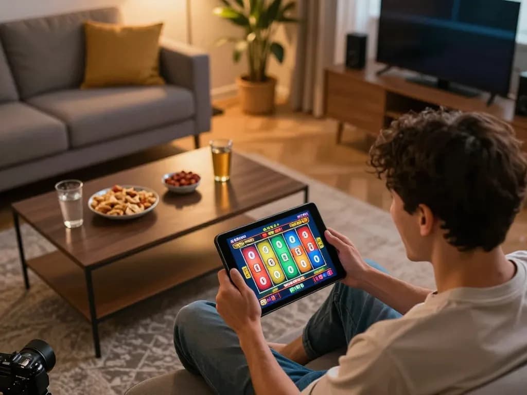Engaging online gameplay with a slot bonus 100 displayed on tablet, celebrating a big win in a cozy home setting.