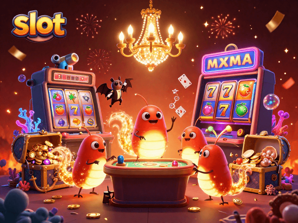 Slot yang penuh warna menampilkan gulungan, lampu neon, dan karakter ceria di kasino yang menyala.