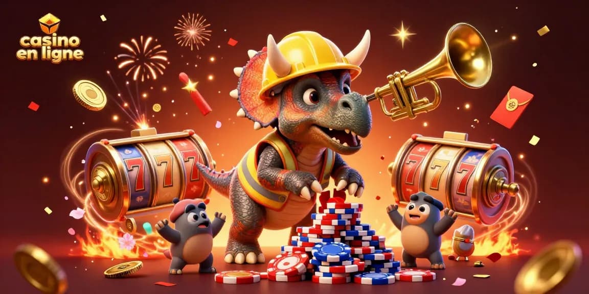Illustration dynamique célébrant le casino en ligne avec un triceratops construisant des jetons de poker.