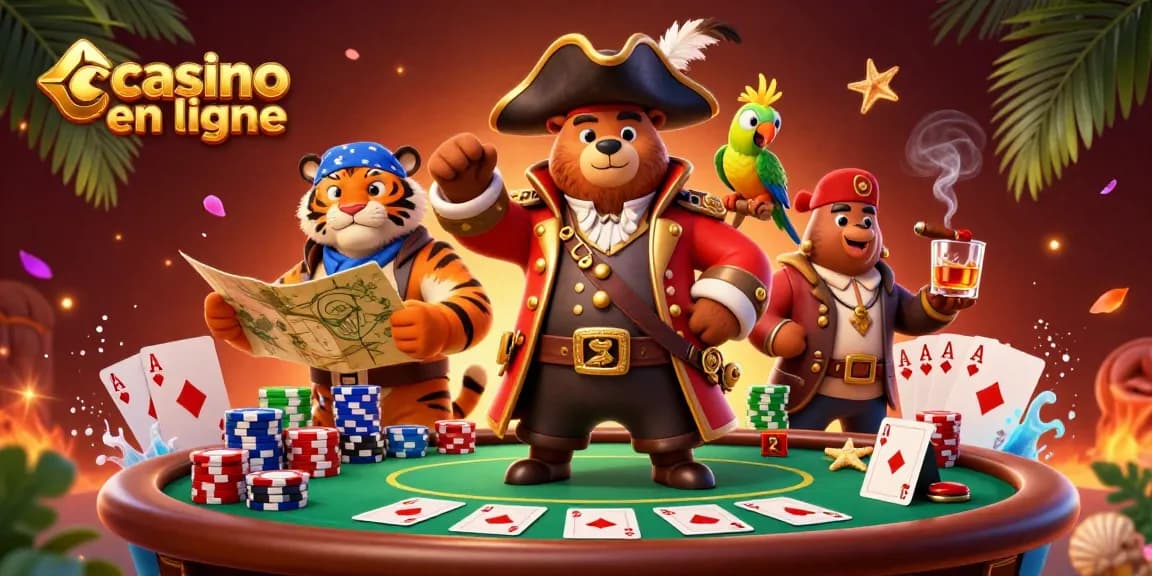 Illustration animée colorée représentant un casino en ligne avec des héros pirates et des éléments de poker.