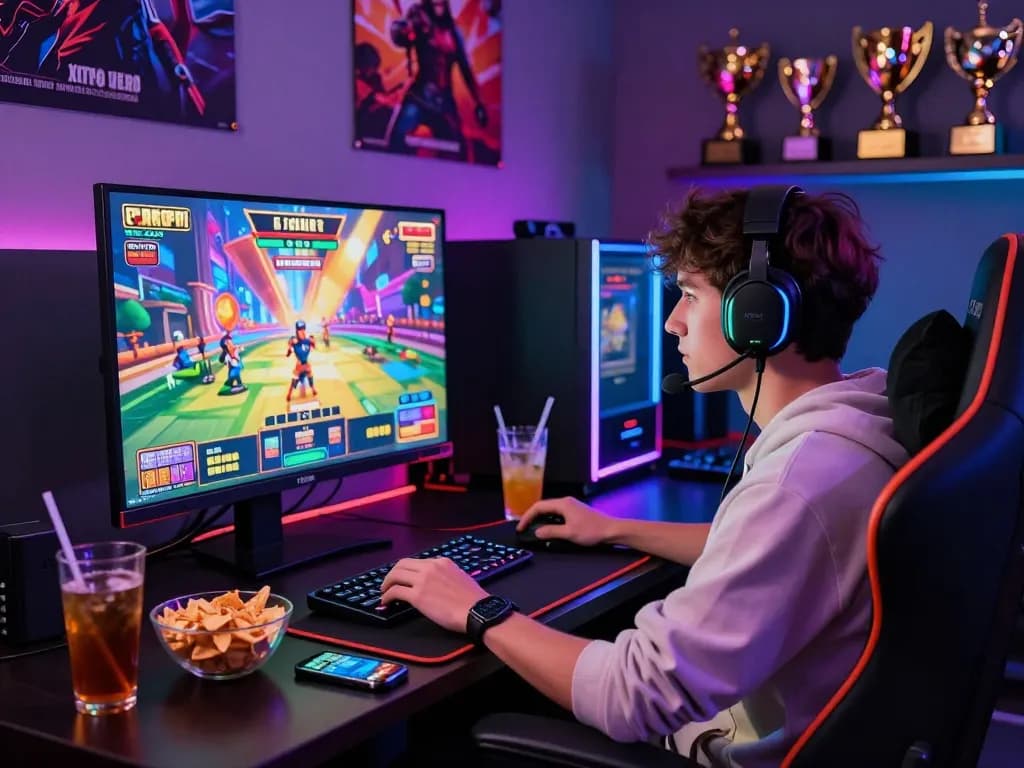 Player enjoying exciting gaming sessions at vegasslot77.com with vibrant lighting and snacks