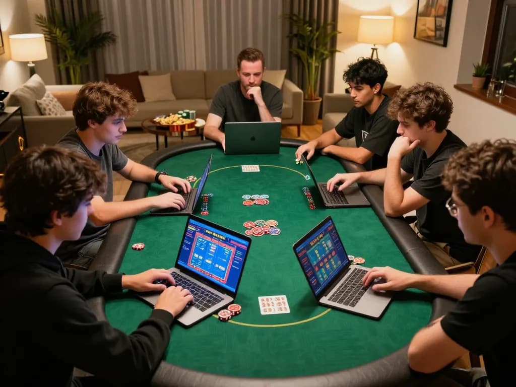 Engaged players enjoying okwin poker game on laptops in cozy home setting