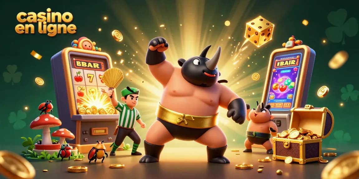 Illustration d'un combat de sumo avec un rhinocéros et des éléments de casino en ligne, des pièces d'or volent autour.