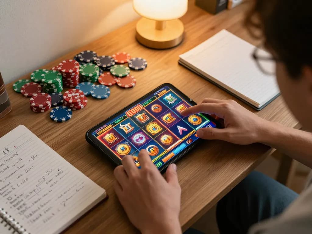 Engaging player interacts with slot6000 game on smartphone, surrounded by tokens and strategy notes, showcasing home gaming