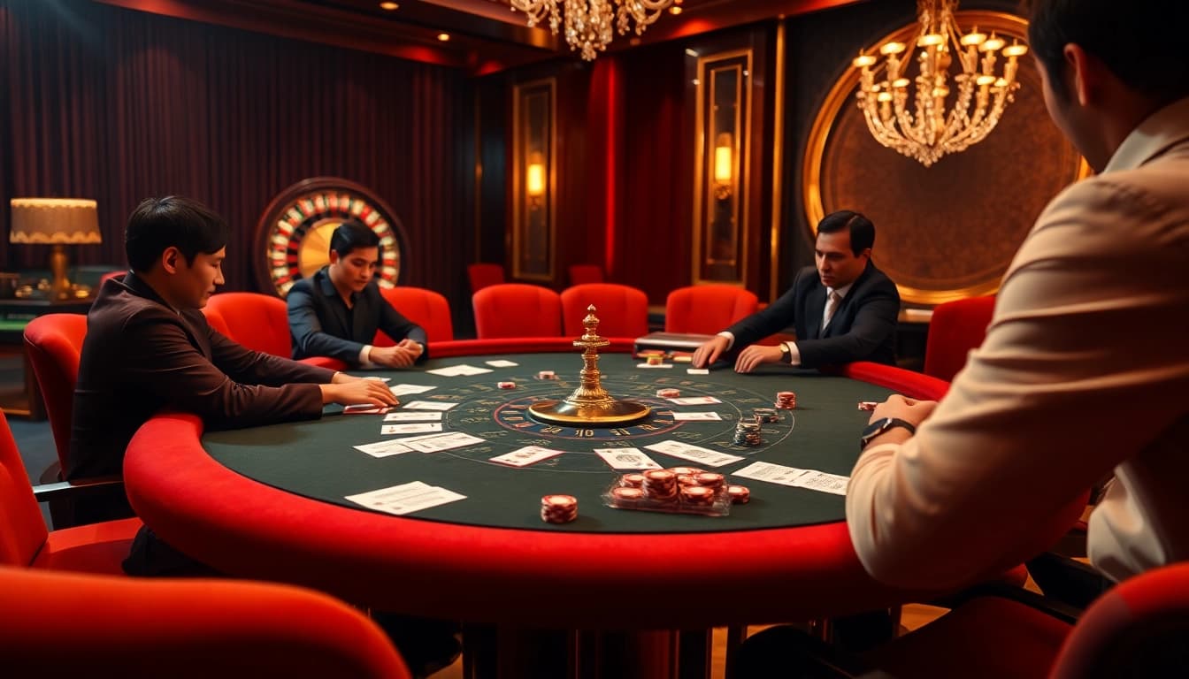 Players enjoying intense poker action at HM88's luxurious casino table.