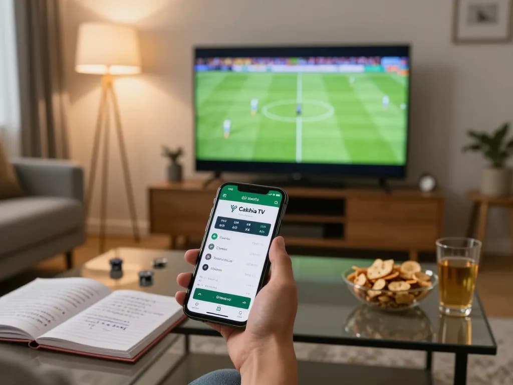 Cakhia TV app displayed on smartphone while betting on live sports in a cozy home setting.