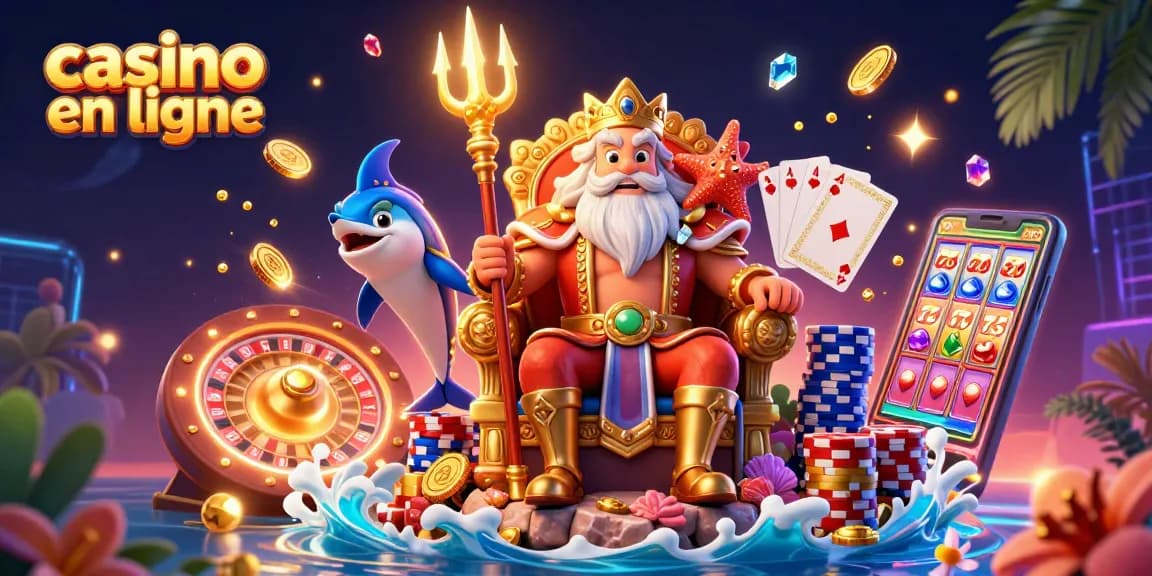 Gagnez au casino en ligne avec cette illustration dynamique de Neptune entouré de jeux et de pièces d'or.