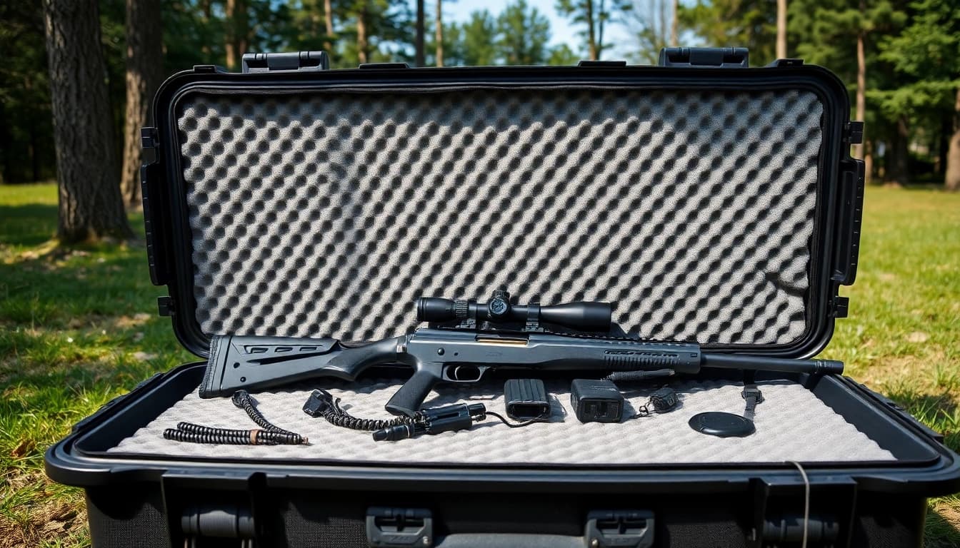 Showcasing foam for rifle case with custom cut-outs holding accessories securely outdoors.