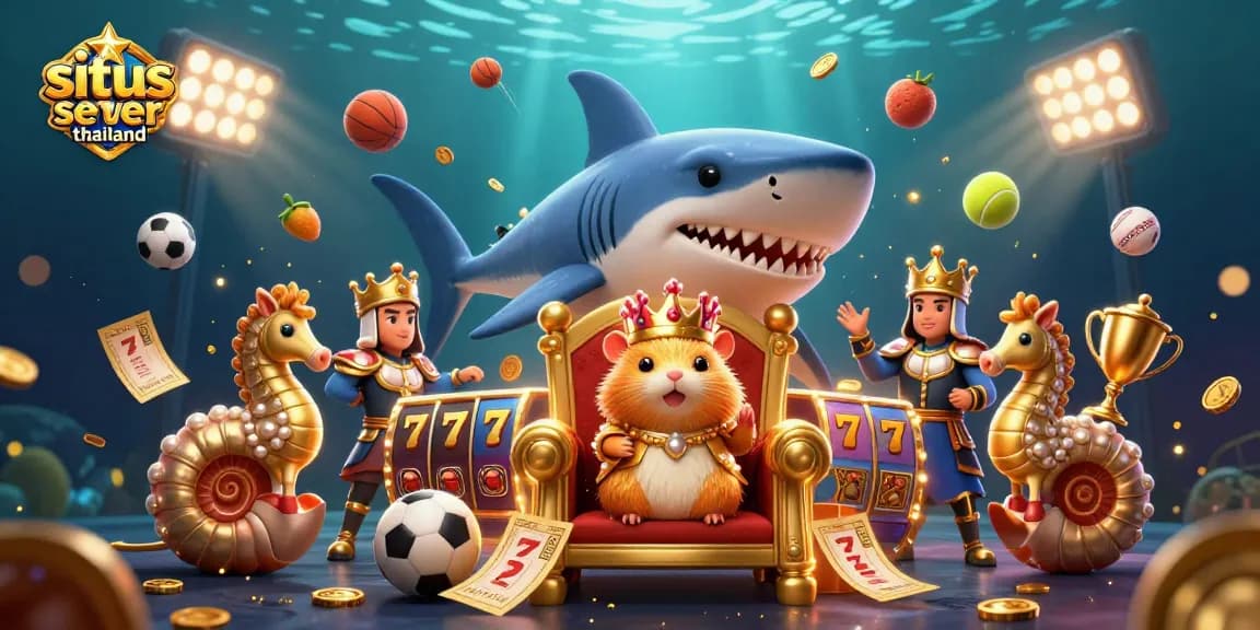 Illustrating situs slot server thailand with a hamster king and vibrant casino symbols in dynamic action.
