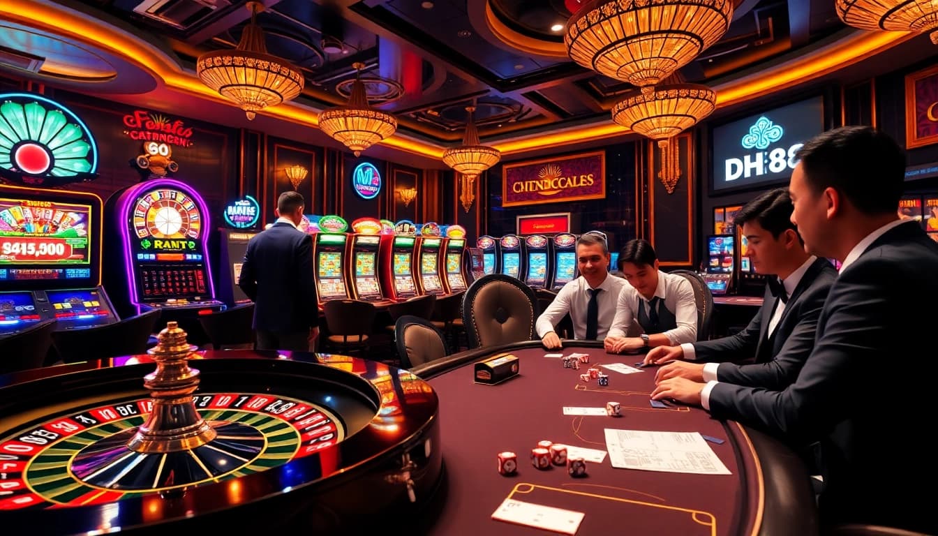 High-stakes gambling at DH88 Casino with players engaged at poker tables.
