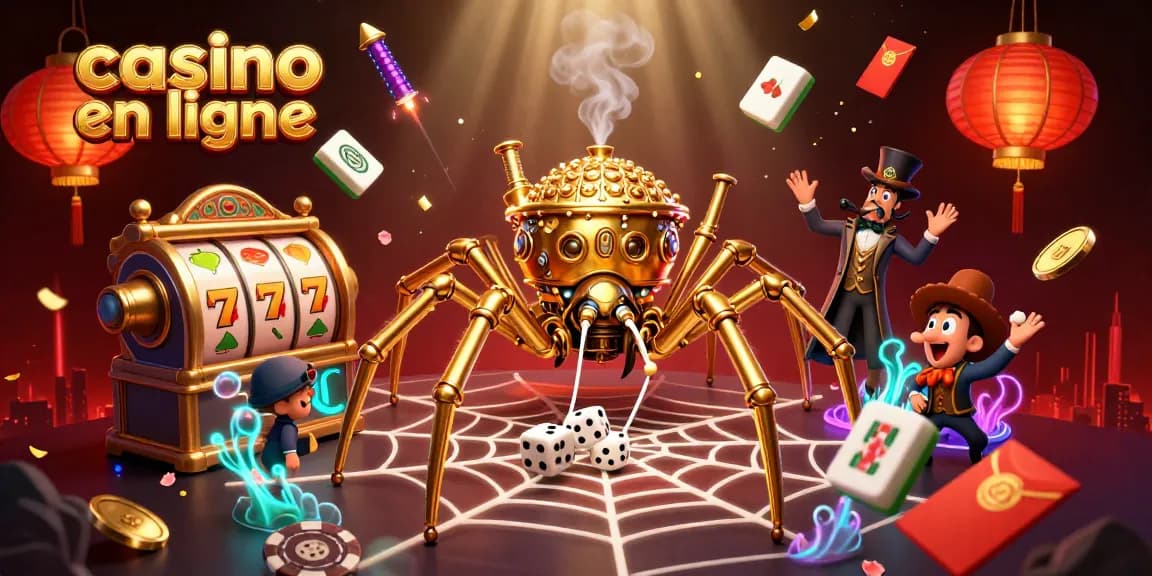 Casino en ligne : Une araignée steampunk et des dés chanceux se rencontrent dans un décor vibrant.