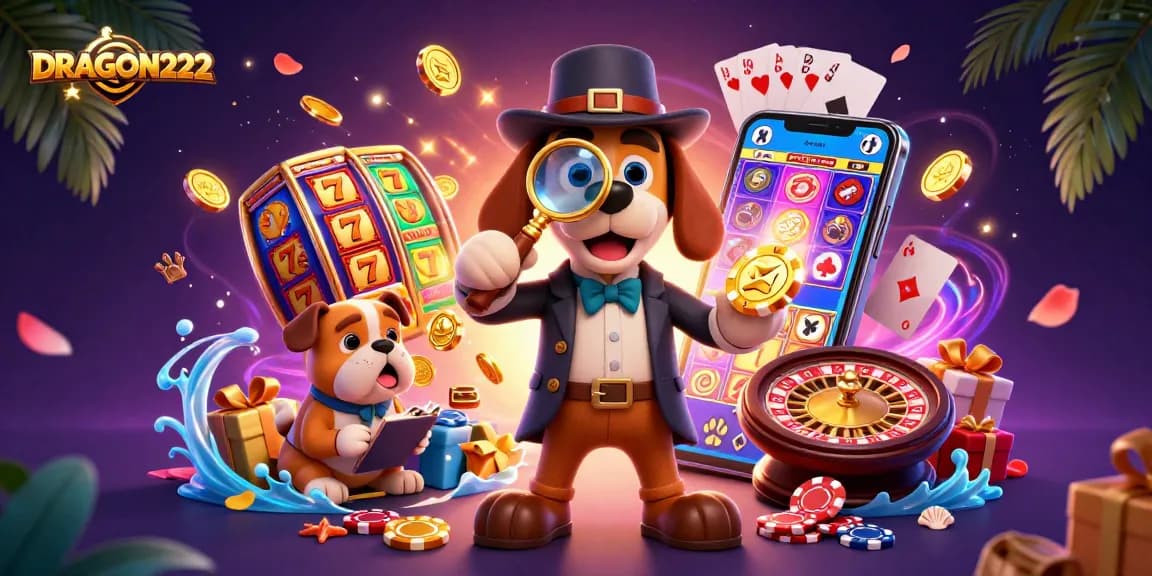 Experience DRAGON222 with vibrant slot games and cartoon detectives exploring treasures.