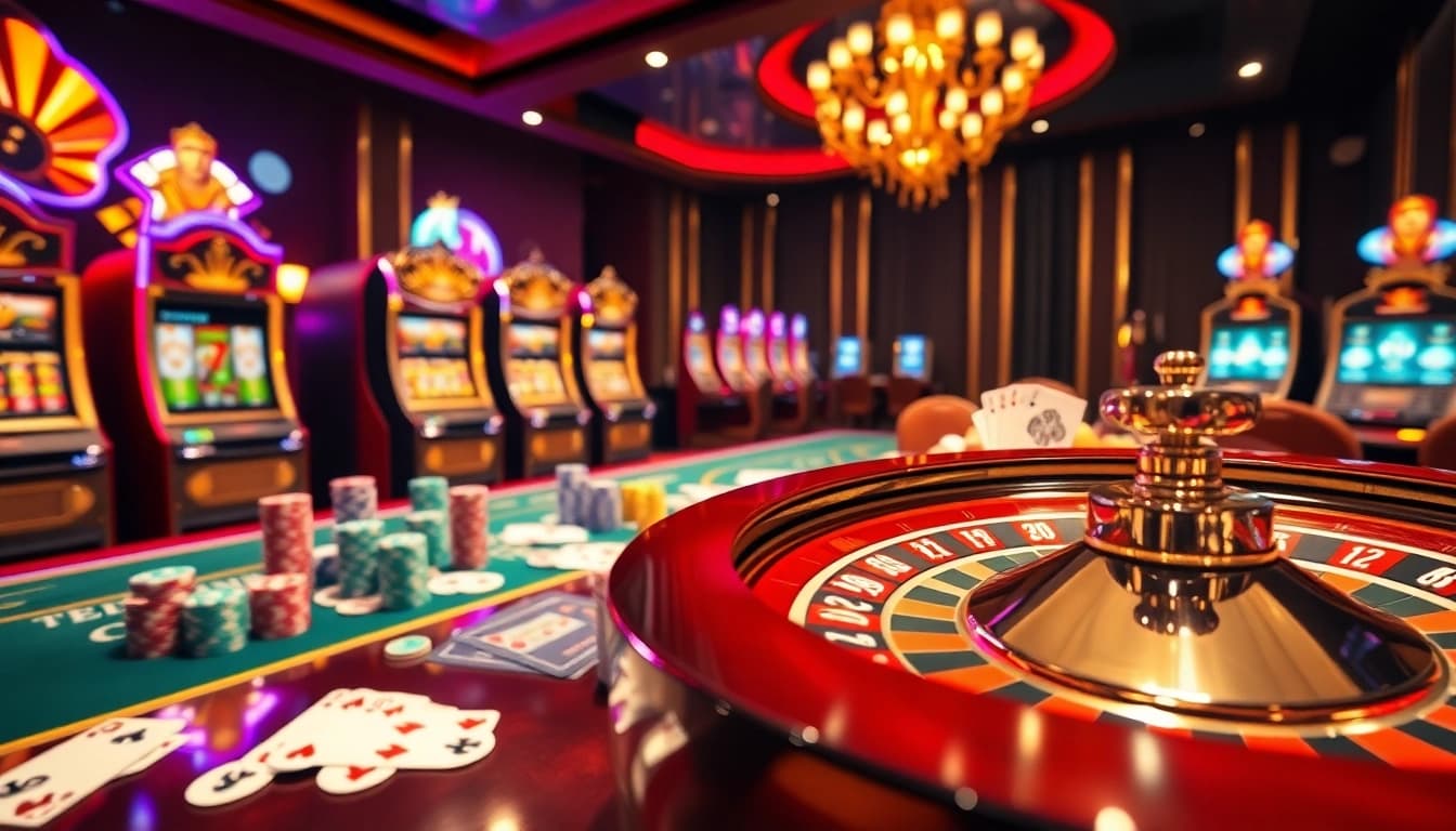 Plongez dans une ambiance passionnante de casino en ligne avec des machines à sous vibrantes et des jetons de poker en exposition.