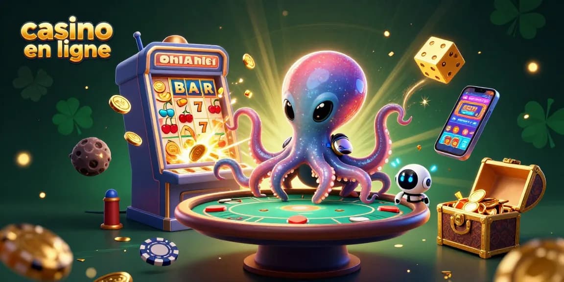 Jouez à des jeux de casino en ligne avec cet octopus intergalactique et un robot, entourés de jackpots et d'effets éblouissants.