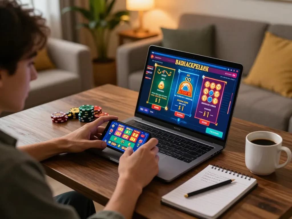 SUNWIN player engaged in online gaming using laptop and smartphone in a cozy setting.