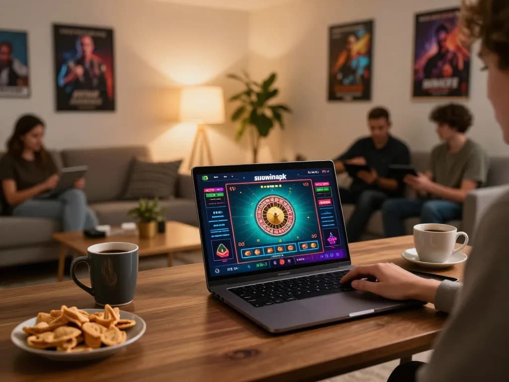 Player engaging in sunwinapk roulette game on laptop, enjoying a cozy home betting experience.