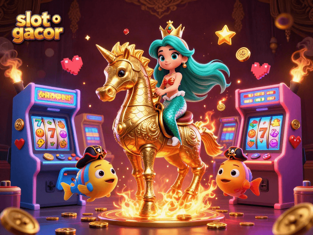 Experience slot gacor adventure with vibrant mermaid and seahorse in an enchanting casino scene.
