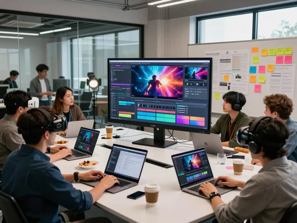 Seedance 2.0 team collaborating on immersive AI video production in a modern workspace.