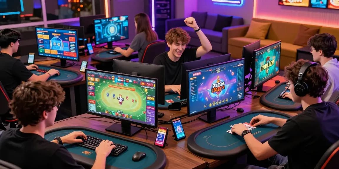 Exciting game đổi thưởng scene with players at colorful virtual tables celebrating card game victories.
