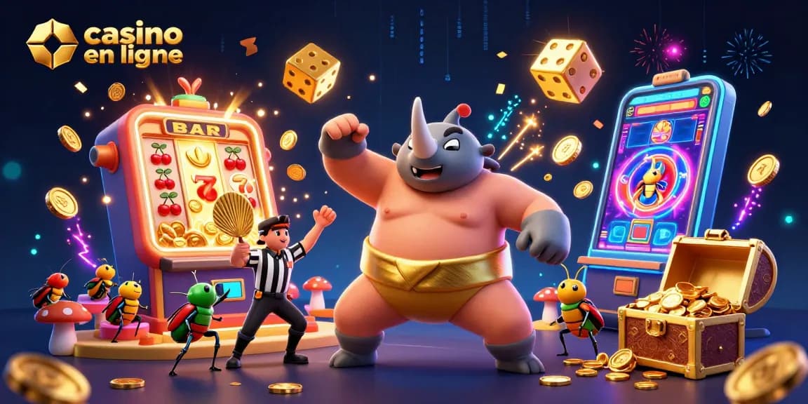 Scène animée de casino en ligne avec un scarabée rhinocéros et une machine à sous éclatante.