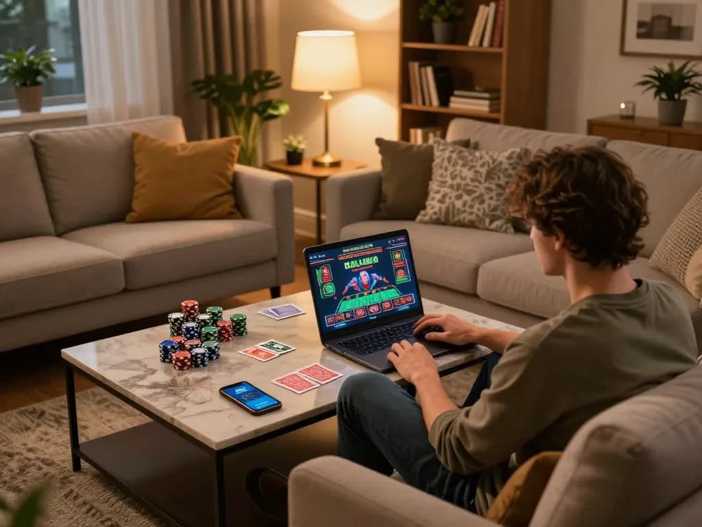 Engaging in online casinos Canada on a laptop while relaxing at home, showcasing responsible gaming.