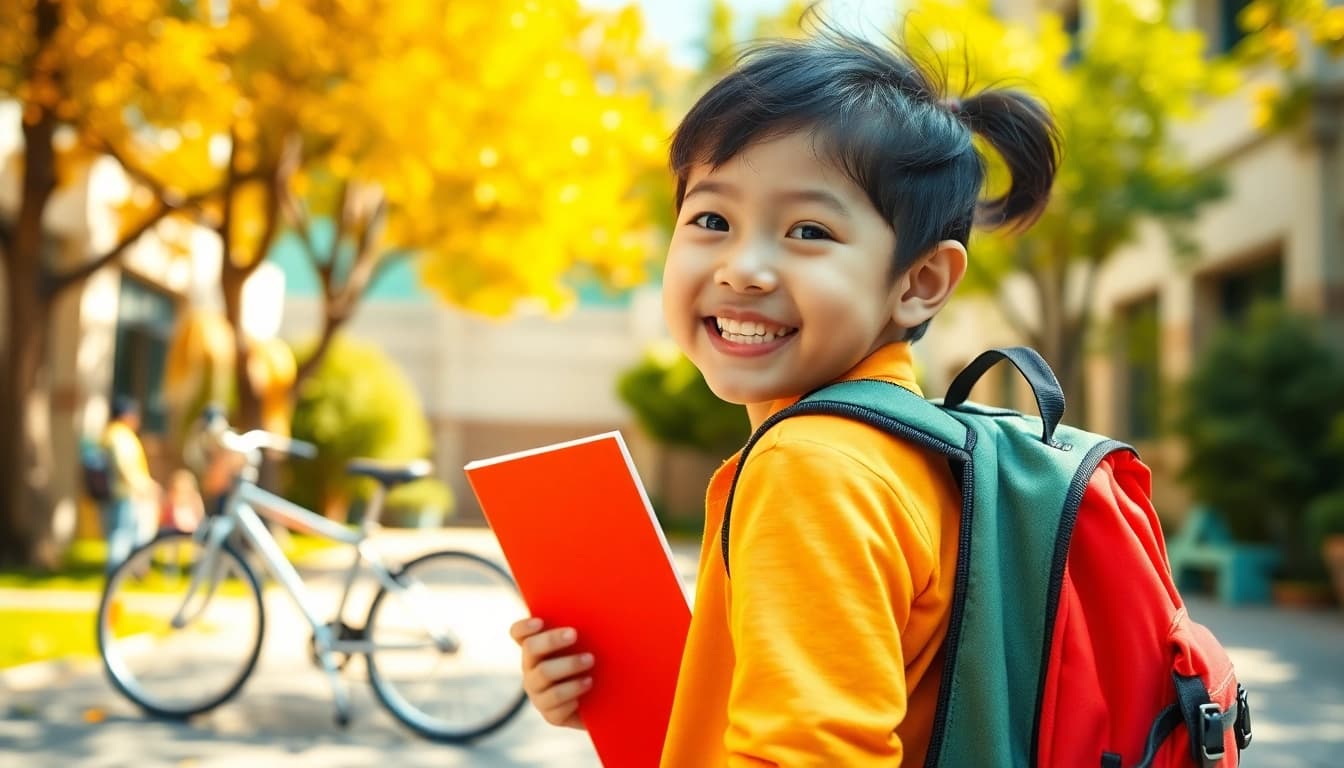 くるピタランドセルの口コミのイメージ: 日差しの下の学校の校庭で、おしゃれで人間工学に適したランドセルを喜んで背負う子どもの姿。