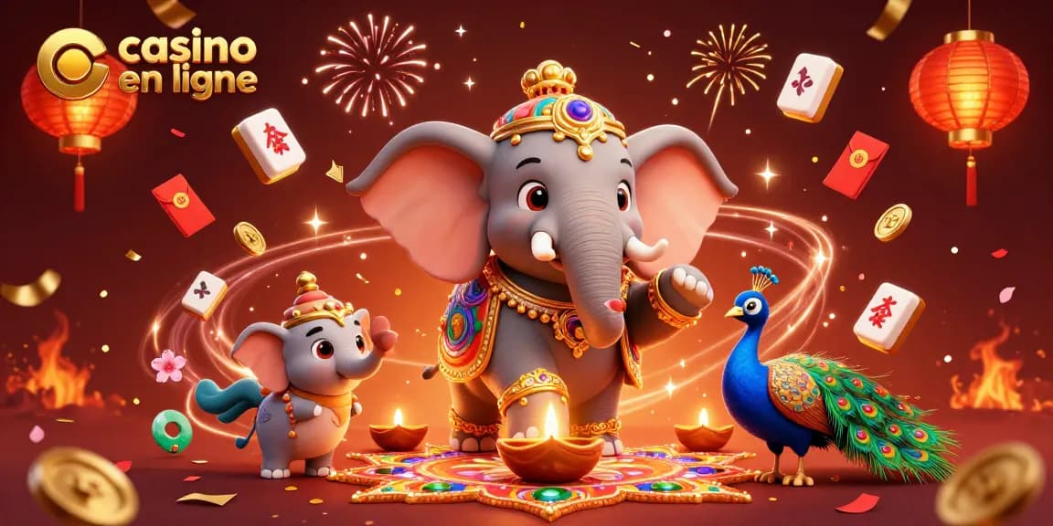 Explorez casino en ligne avec cet éléphant coloré, accompagné de symboles traditionnels et d'éléments festifs.