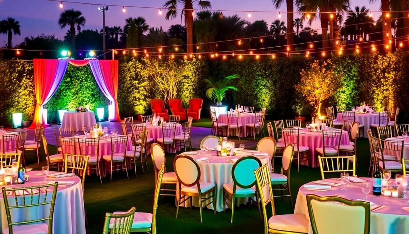 Elegant arrangement of Las Vegas Chair Rentals in a vibrant outdoor event.