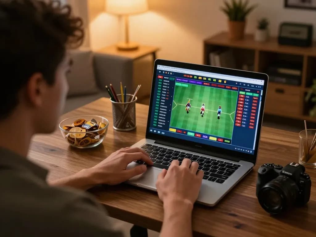 Player engaging with thabet sportsbook on laptop, showcasing live betting activities in an inviting home office.