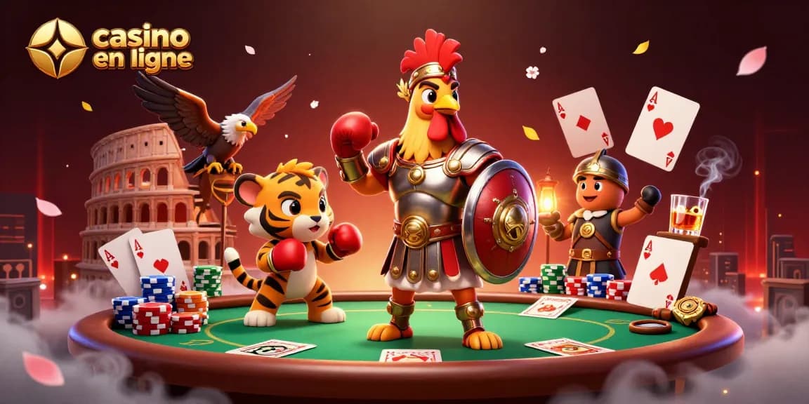 Illustration d'un casino en ligne, avec un coq gladiateur et des éléments de poker vibrants.
