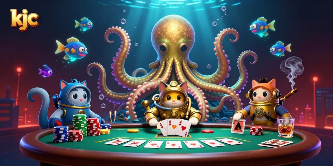 Engage in KJC's thrilling poker atmosphere with a kraken and diving cat in 3D illustration.