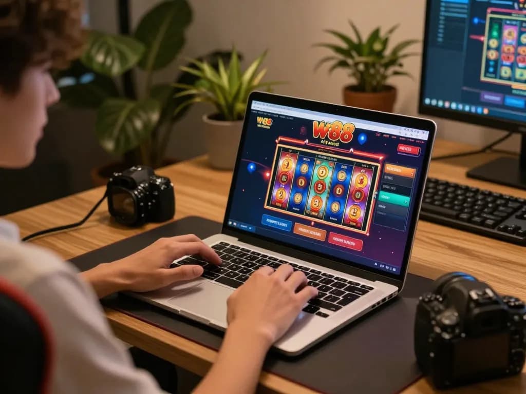 Engaging with the w 88 online casino interface during a relaxed gaming session on a laptop.