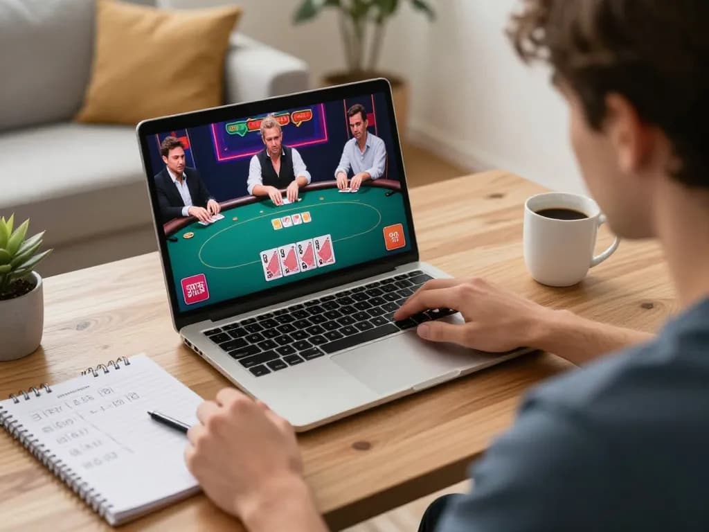 Engaged player exploring sunwin's online poker strategy in a cozy home office.