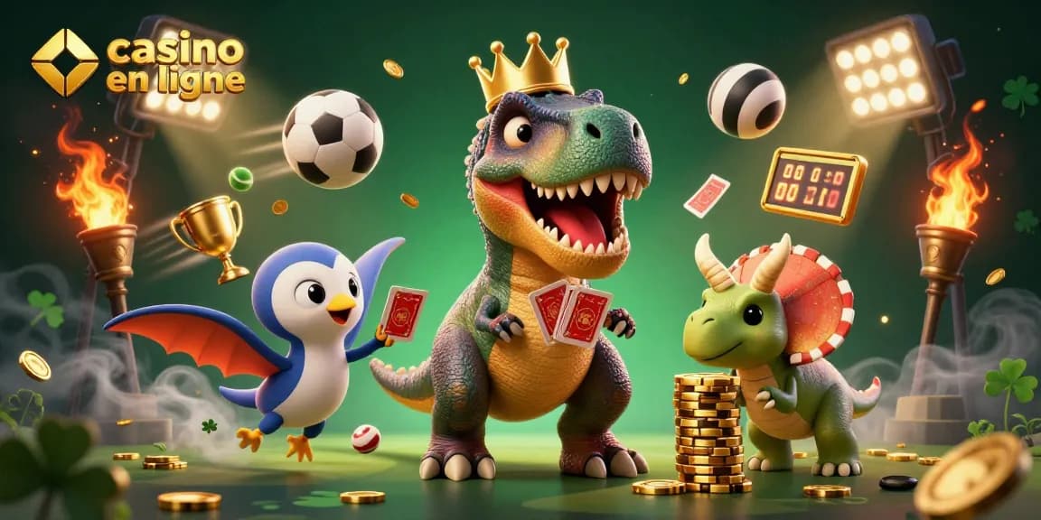 Les personnages de casino en ligne incluent un T-Rex essayant de jouer aux cartes et un stégosaure empilant des jetons.