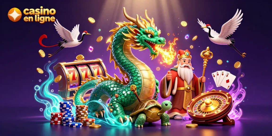Illustration dynamique casino en ligne avec dragon jade émeraude, jeux de cartes, et éléments de fortune.