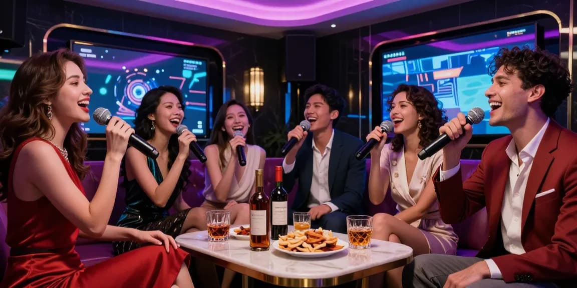강남가라오케에서 고급 음료와 함께 즐거운 시간을 보내는 모습