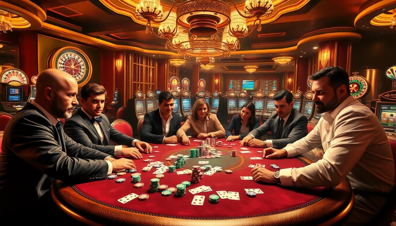 Une partie de poker à enjeux élevés dans un cadre de casino en ligne haut de gamme, mettant en vedette des jetons colorés et des joueurs engagés.