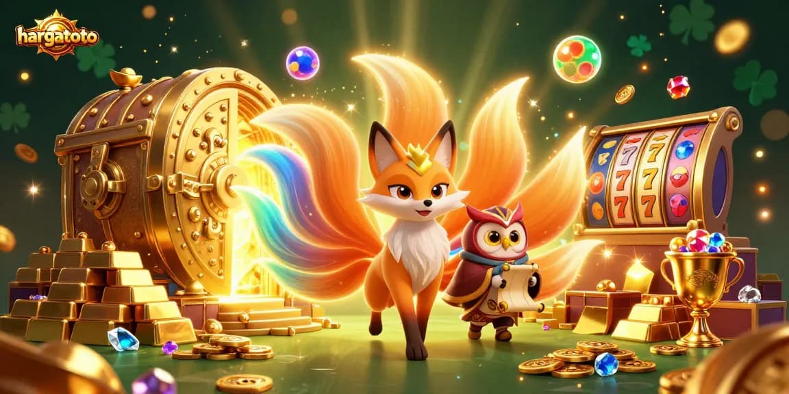 Experience hargatoto's vibrant online casino scene with a glowing fox spirit, treasures, and dynamic slot elements.