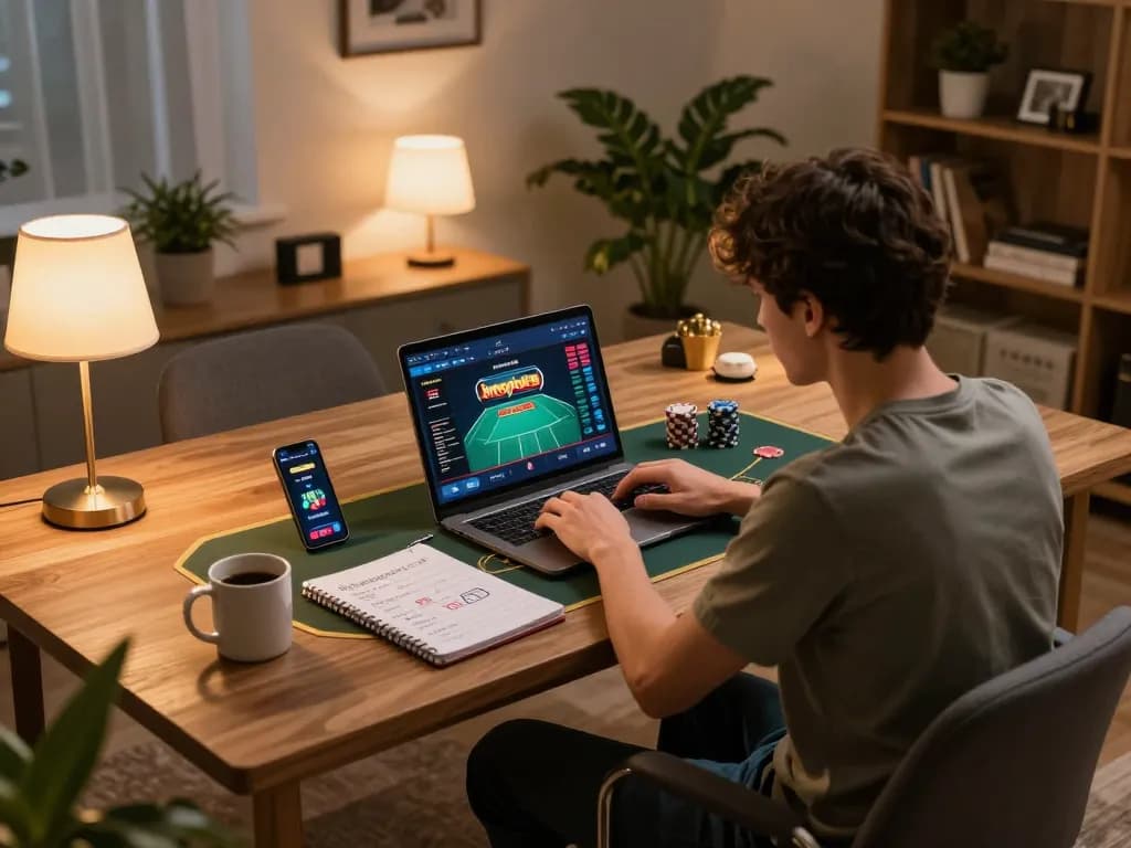 Player engaging in online poker game at indopride88 on laptop with gaming notes and smartphone beside